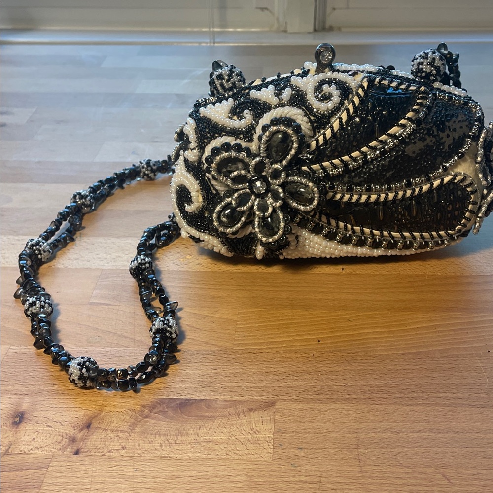 Moni Couture Beaded Evening Bag | Black White Floral | Formal Clutch